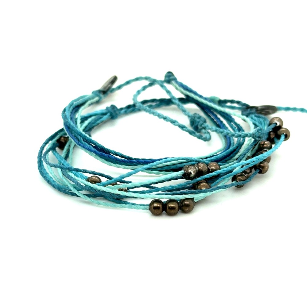 Pura Vida Blue Turquoise Multi Strand Cord Bracelet Silver Beads Boho Adjustable